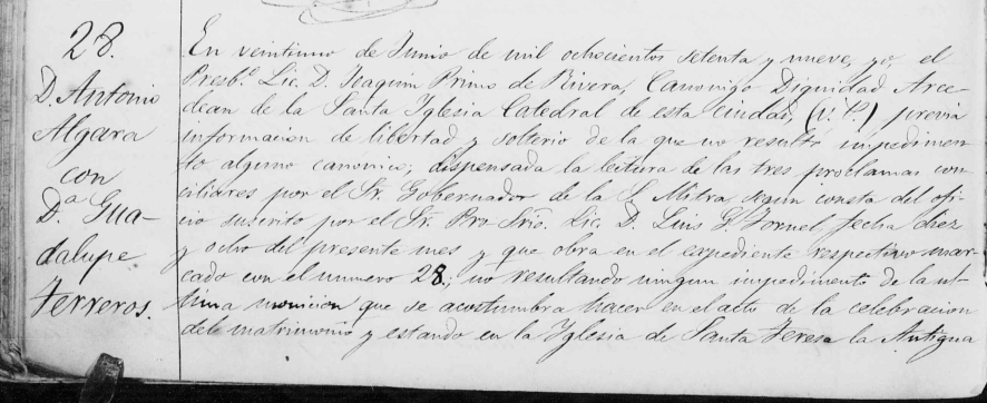 Partida de matrimonio de José Antonio Algara Cervantes con Guadalupe Romero de Terreros Goribar (parte una).