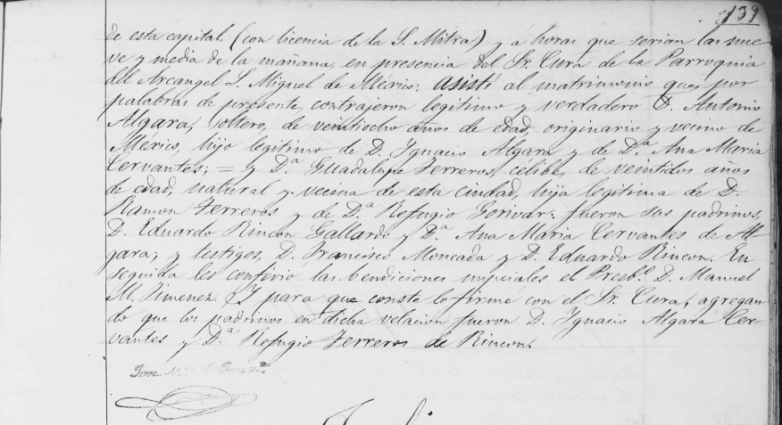 Partida de matrimonio de José Antonio Algara Cervantes con Guadalupe Romero de Terreros Goribar (parte dos).