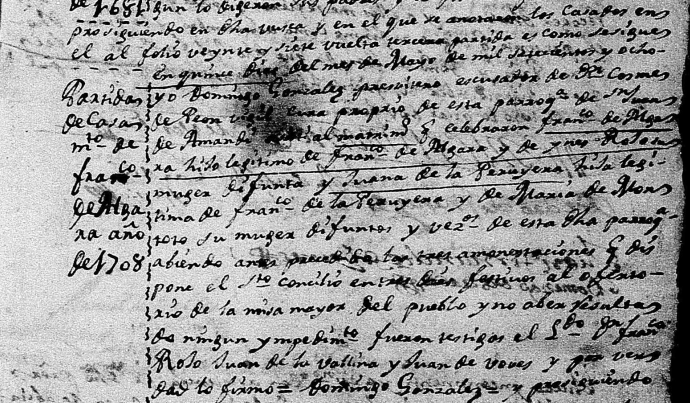 Extracto de la partida de matrimonio de Juana de La Peruyera Montoto y Francisco de Algara y Rojo, perteneciente al pleito de hidalguía iniciado por su hijo Francisco de Algara de La Peruyera.