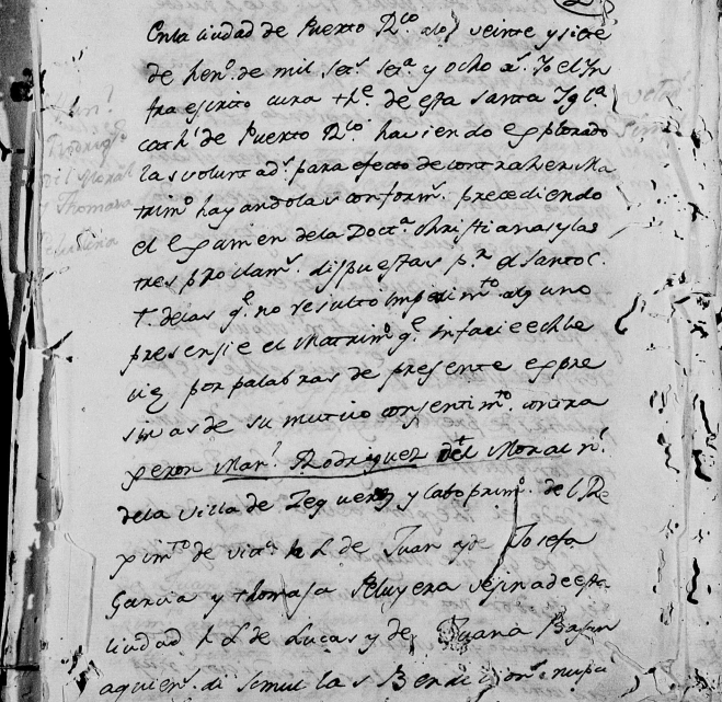 Partida de matrimonio de Thomasa de La Peruyera con Manuel Rodríguez del Moral (parte una).