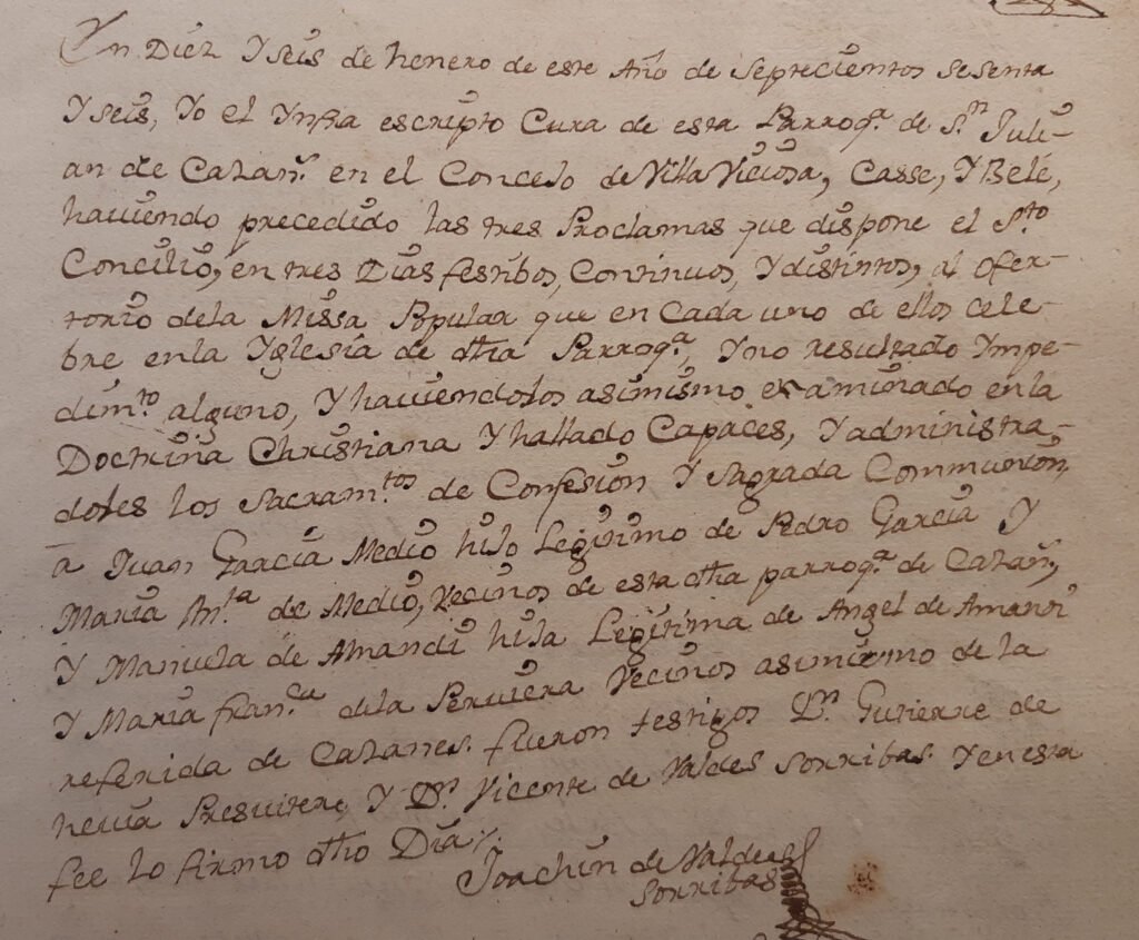 Partida de matrimonio de Manuela de Amandi de La Peruyera con Juan García Medio.