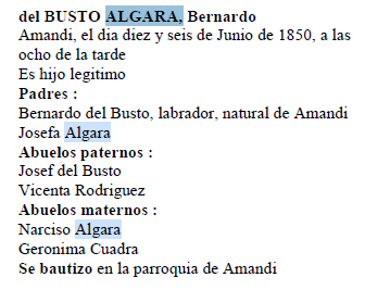 Extracto del acta de nacimiento de Bernardo Busto Algara.