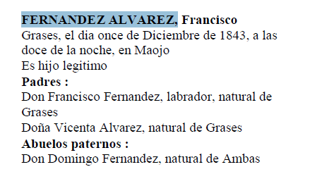 Extracto del acta de nacimiento de Francisco Fernández del Valle Álvarez (parte una).