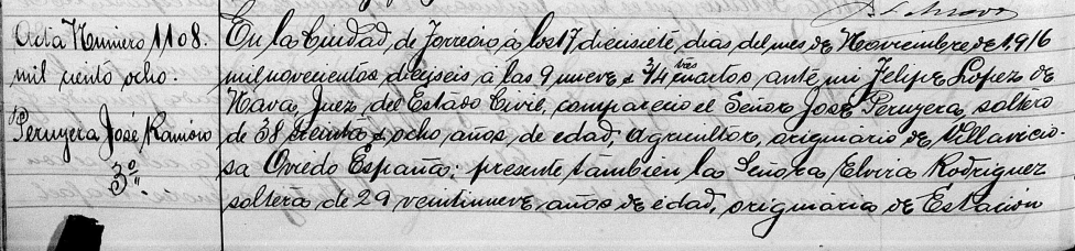 Petición de inscripción en el Registro Civil de José Ramón Peruyera Rodríguez, con fecha del 17 de noviembre del 1916 (parte una).