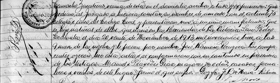 Petición de inscripción en el Registro Civil de José Ramón Peruyera Rodríguez, con fecha del 17 de noviembre del 1916 (parte dos).