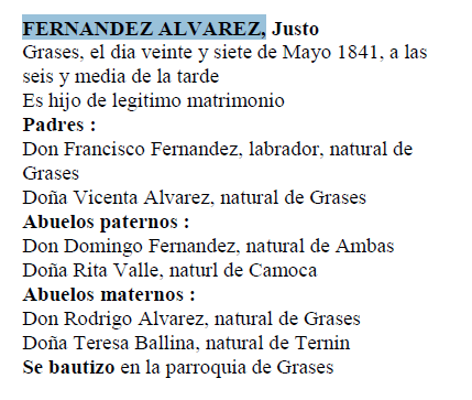 Extracto del acta de nacimiento de Justo Fernández del Valle Álvarez.