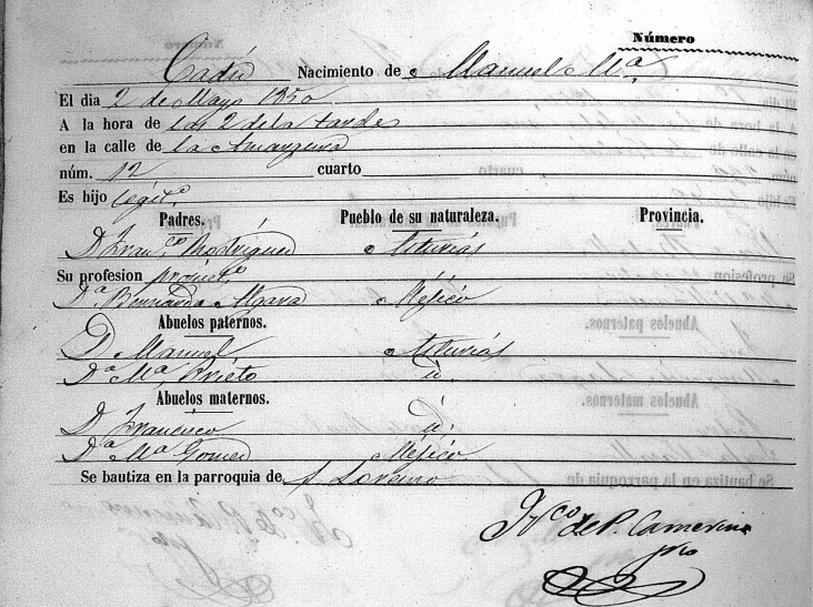 Acta de nacimiento de Manuel María Rodríguez Algara.