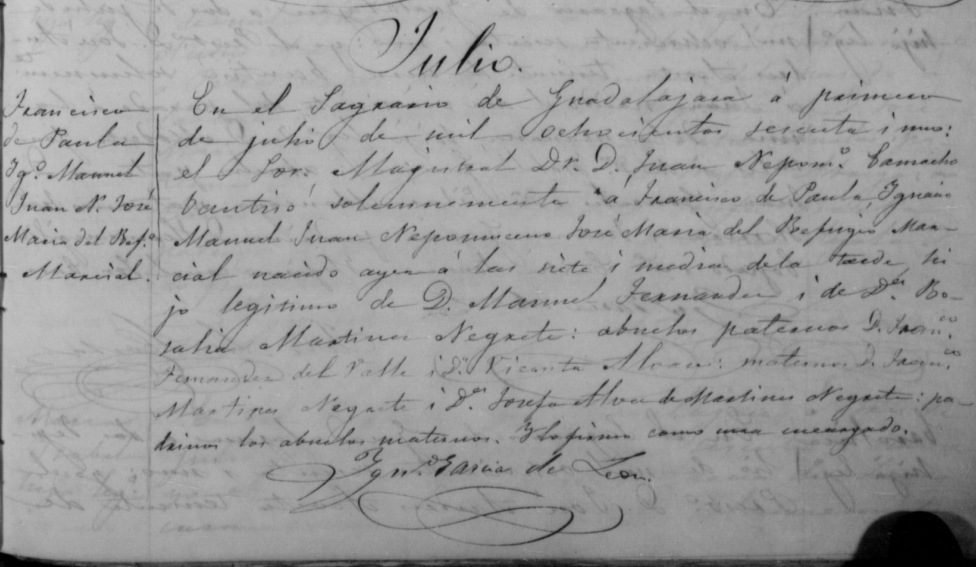 Partida de bautismo de Francisco Fernández del Valle y Martínez Negrete.