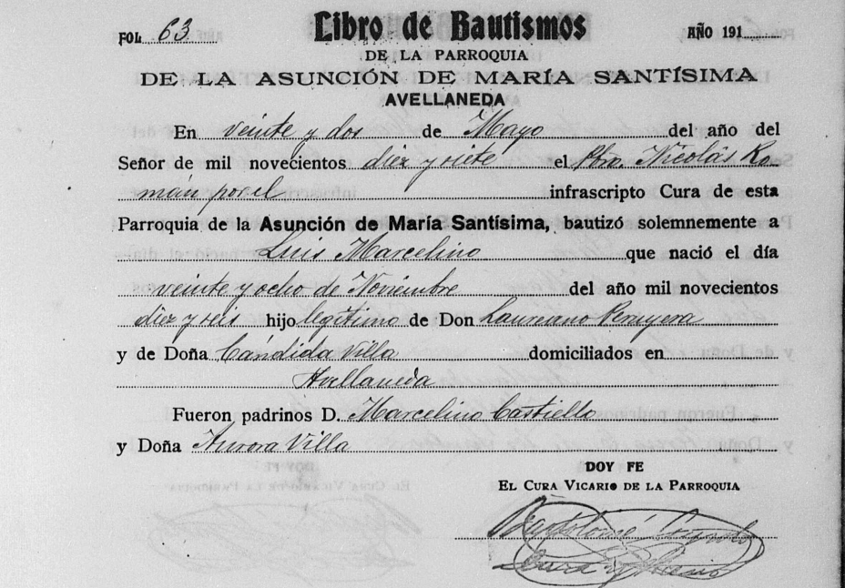 Partida de bautismo de Luis Marcelino Peruyera Villa.