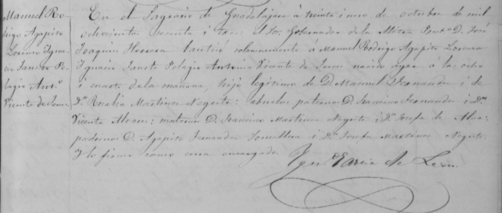 Partida de bautismo de Manuel Rodrigo Fernández del Valle y Martínez Negrete.