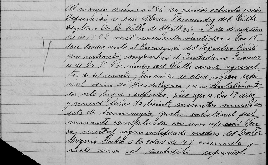 Acta de defunción de Álvaro Fernández del Valle y Martínez Negrete (parte una).