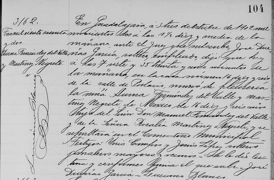 Acta de defunción de Aurora Fernández del Valle y Martínez Negrete.