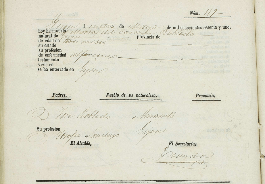 Acta de defunción de María del Carmen Robledo Sánchez.