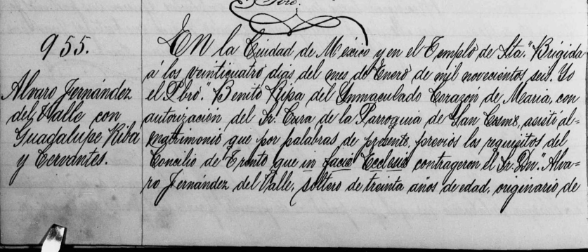 Partida de matrimonio de Álvaro Fernández del Valle y Martínez Negrete con Guadalupe Riba y Cervantes (parte una).