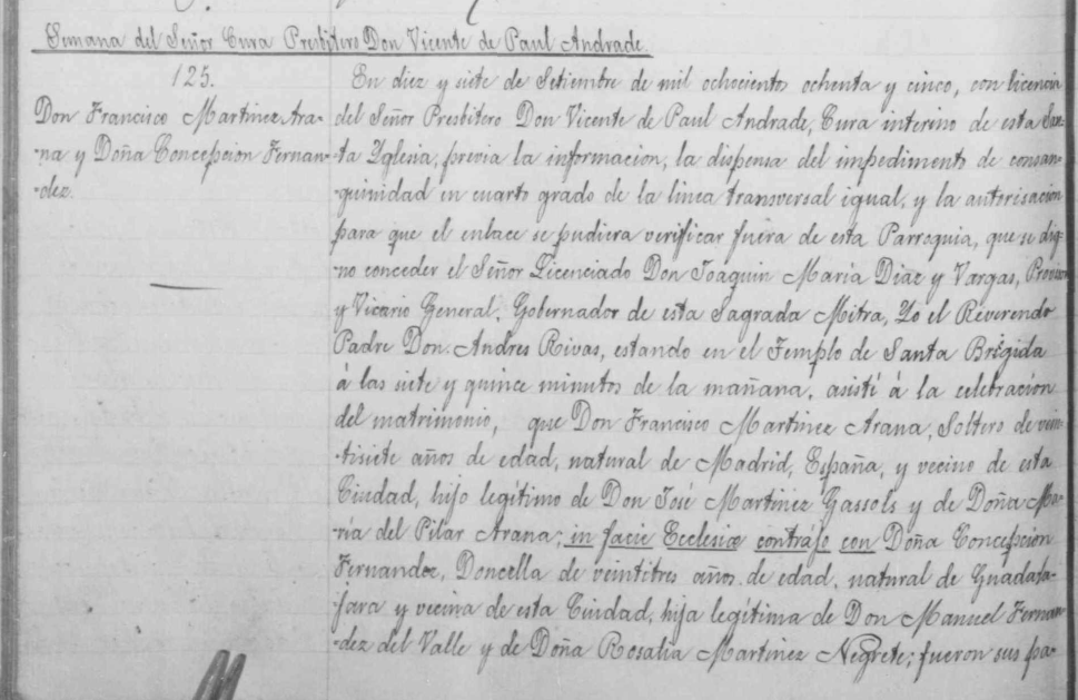 Partida de matrimonio de María de la Concepción Fernández del Valle y Martínez Negrete con Francisco Martínez Arana (parte una).