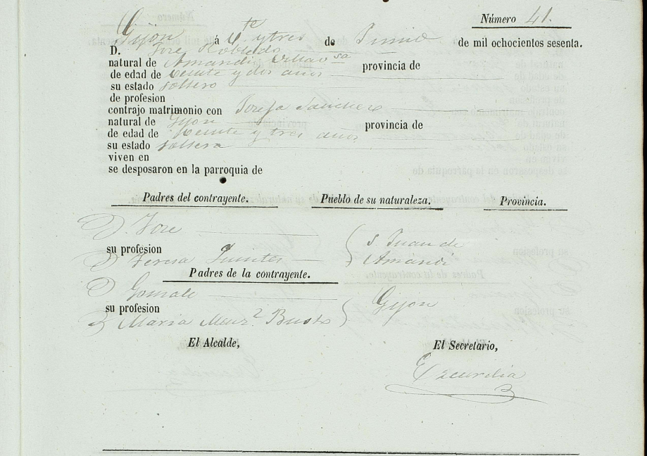 Acta de matrimonio de José Robledo Quintes con Josefa Sánchez Busto.