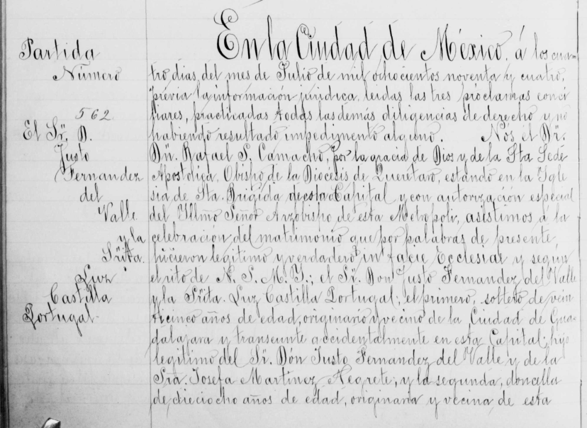 Partida de matrimonio de Justo Fernández del Valle y Martínez Negrete con Luz Castilla Portugal (parte una).