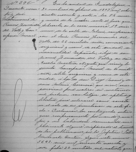 Acta de matrimonio de Ramiro Fernández del Valle y Martínez Negrete con Concepción Moreno Cearenera (parte una).