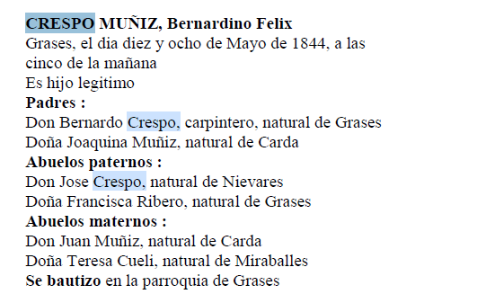 Extracto del acta de nacimiento de Bernadino Félix Crespo Muñiz.