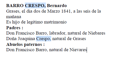 Extracto del acta de nacimiento de Bernardo Barro Crespo (parte una).