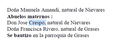 Extracto del acta de nacimiento de Bernardo Barro Crespo (parte dos).