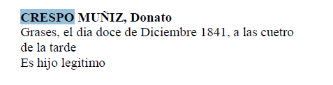 Extracto del acta de nacimiento de Donato Crespo Muñiz (parte una).