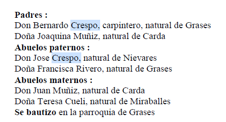 Extracto del acta de nacimiento de Donato Crespo Muñiz (parte dos).