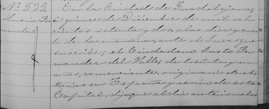 Acta de nacimiento de Lucía Fernández del Valle y Martínez Negrete (parte una).