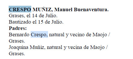 Extracto del acta de nacimiento de Manuel Buenaventura Crespo Muñiz.