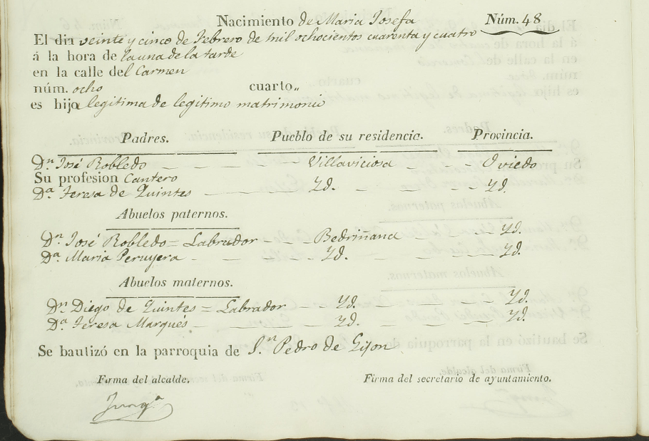 Acta de nacimiento de María Josefa Robledo Quintes.