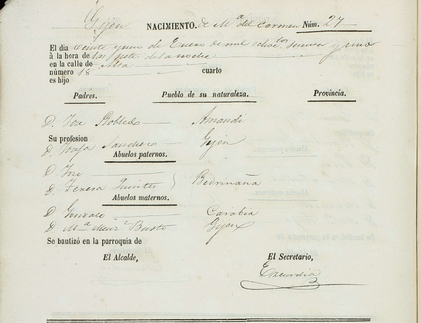 Acta de nacimiento de María del Carmen Robledo Sánchez.