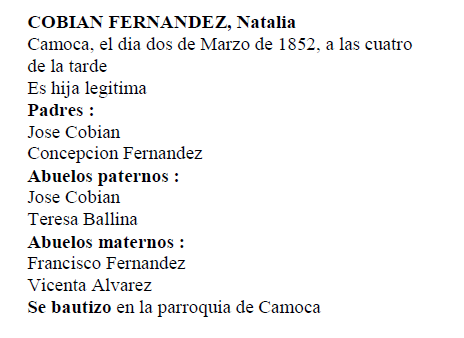 Extracto del acta de nacimiento de Natalia Cobián Fernández del Valle.