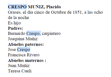 Extracto del acta de nacimiento de Placido Crespo Muñiz.