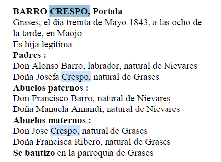 Extracto del acta de nacimiento de Portala Barro Crespo.