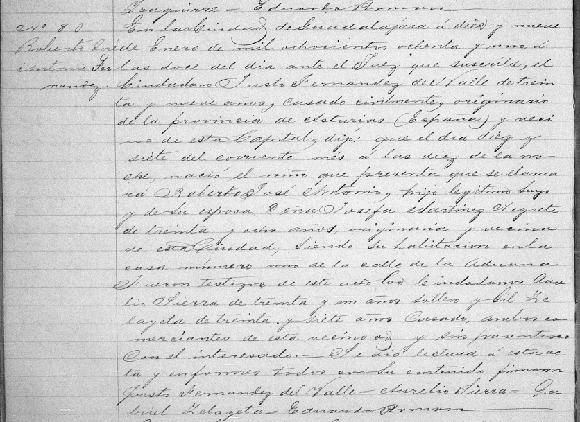Acta de nacimiento de Roberto Fernández del Valle y Martínez Negrete.