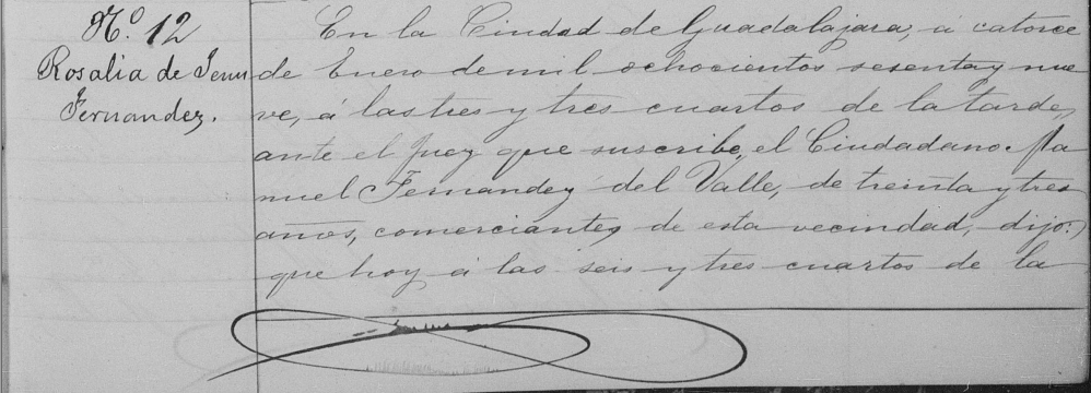 Acta de nacimiento Rosalía Fernández del Valle y Martínez Negrete (parte una).