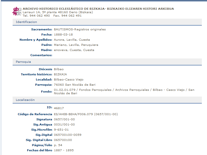 Ficha de bautismo de Aurora La Villa Cuesta.