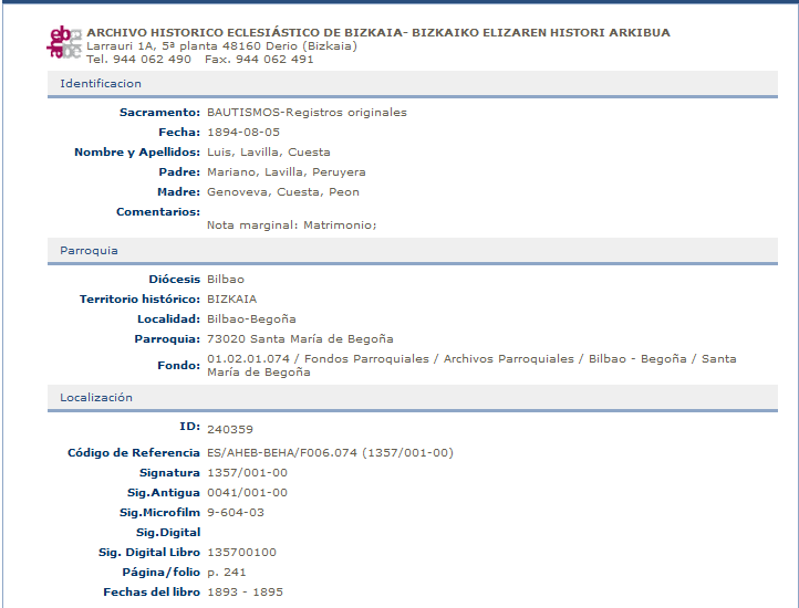 Ficha de bautismo de Luis La Villa Cuesta.