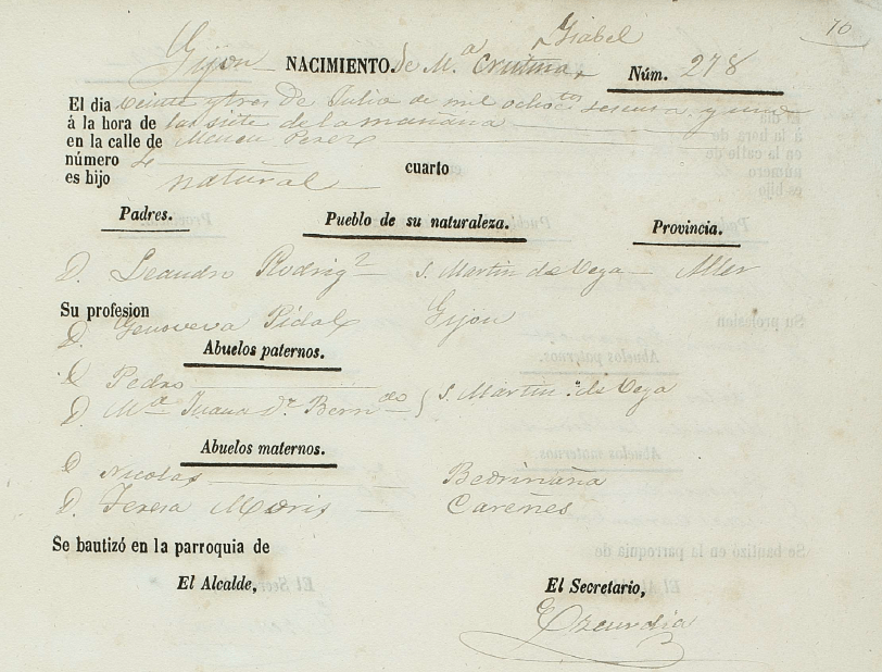 Acta de nacimiento de María Cristina Isabel Carballo Pidal.