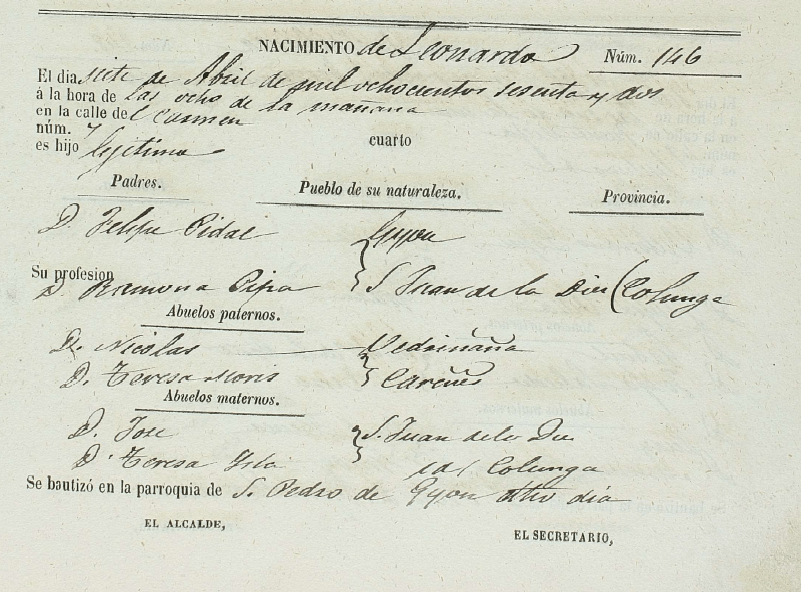 Acta de nacimiento de Leonardo Pidal Pipa.