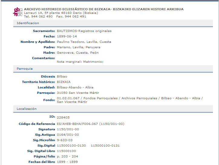 Ficha de bautismo de Paulino Teodoro La Villa Cuesta.