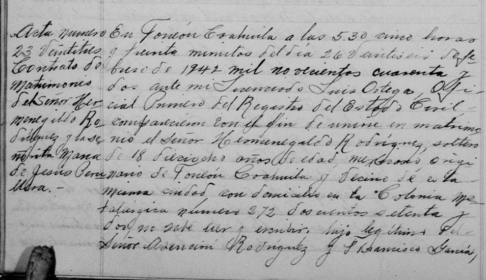 Acta de matrimonio de María de Jesús Peruyera Vanegas con Hermenegildo Rodríguez García (parte una).