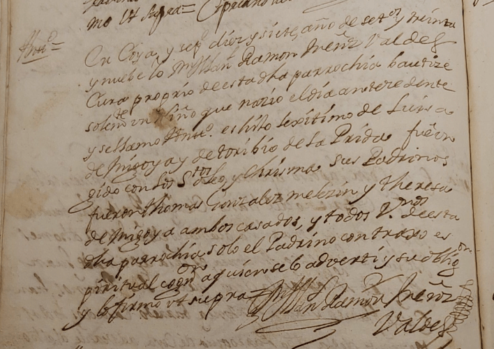 Partida de bautismo de Antonio de La Prida Migoya. Consta un error en la partida, siendo en realidad la madre Teresa Migoya y la madrina Luisa Migoya.