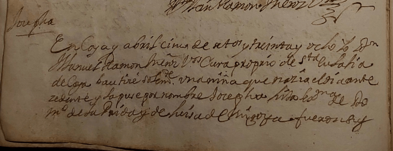 Partida de bautismo de Josepha de La Prida Migoya (parte una).