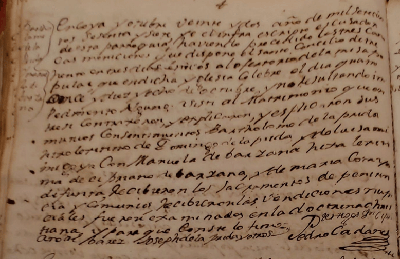 Partida de matrimonio de Bartholome Manuel de La Prida Migoya con Manuela Antonia de La Barzana Cotayo.