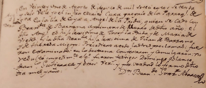 Partida de matrimonio de Bernarda de La Barzana Migoya con Ángel de La Prida de Biedes.