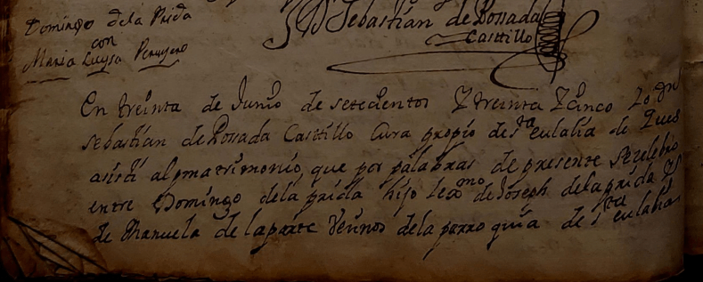 Partida de matrimonio de María Luisa de La Peruyera de Algara con Domingo de La Prida de La Parte (parte una).