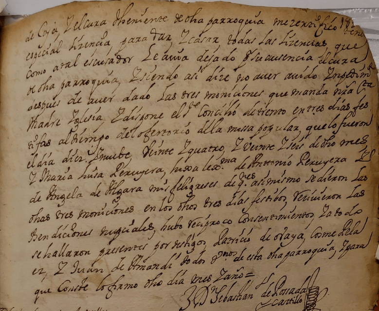 Partida de matrimonio de María Luisa de La Peruyera de Algara con Domingo de La Prida de La Parte (parte dos).
