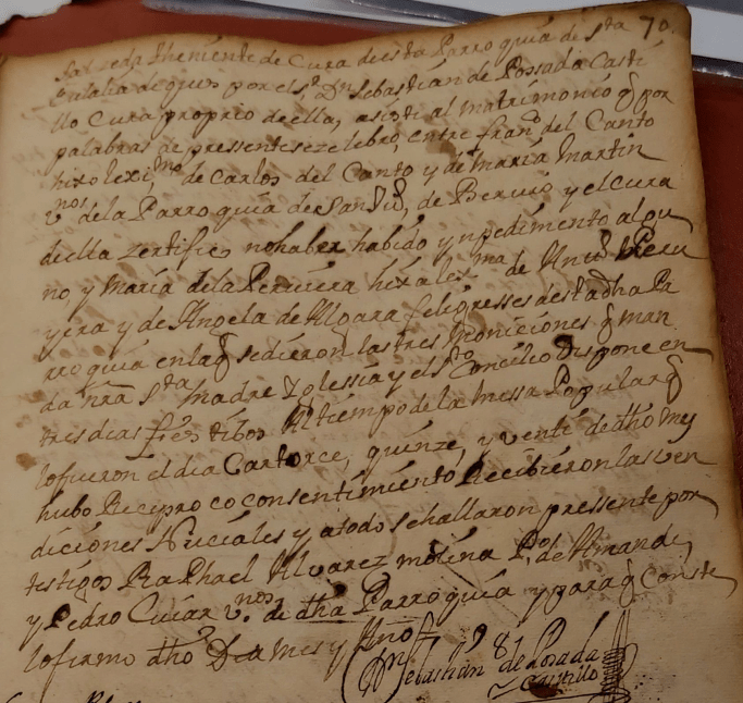 Partida de matrimonio de María de La Peruyera de Algara con Francisco del Canto Martín (parte dos).