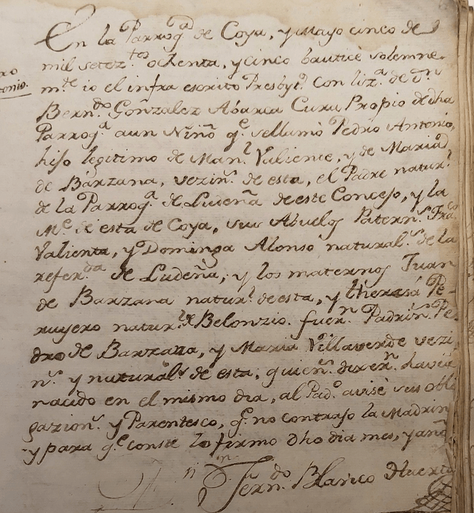 Partida de bautismo de Pedro Antonio Valiente de La Barzana.